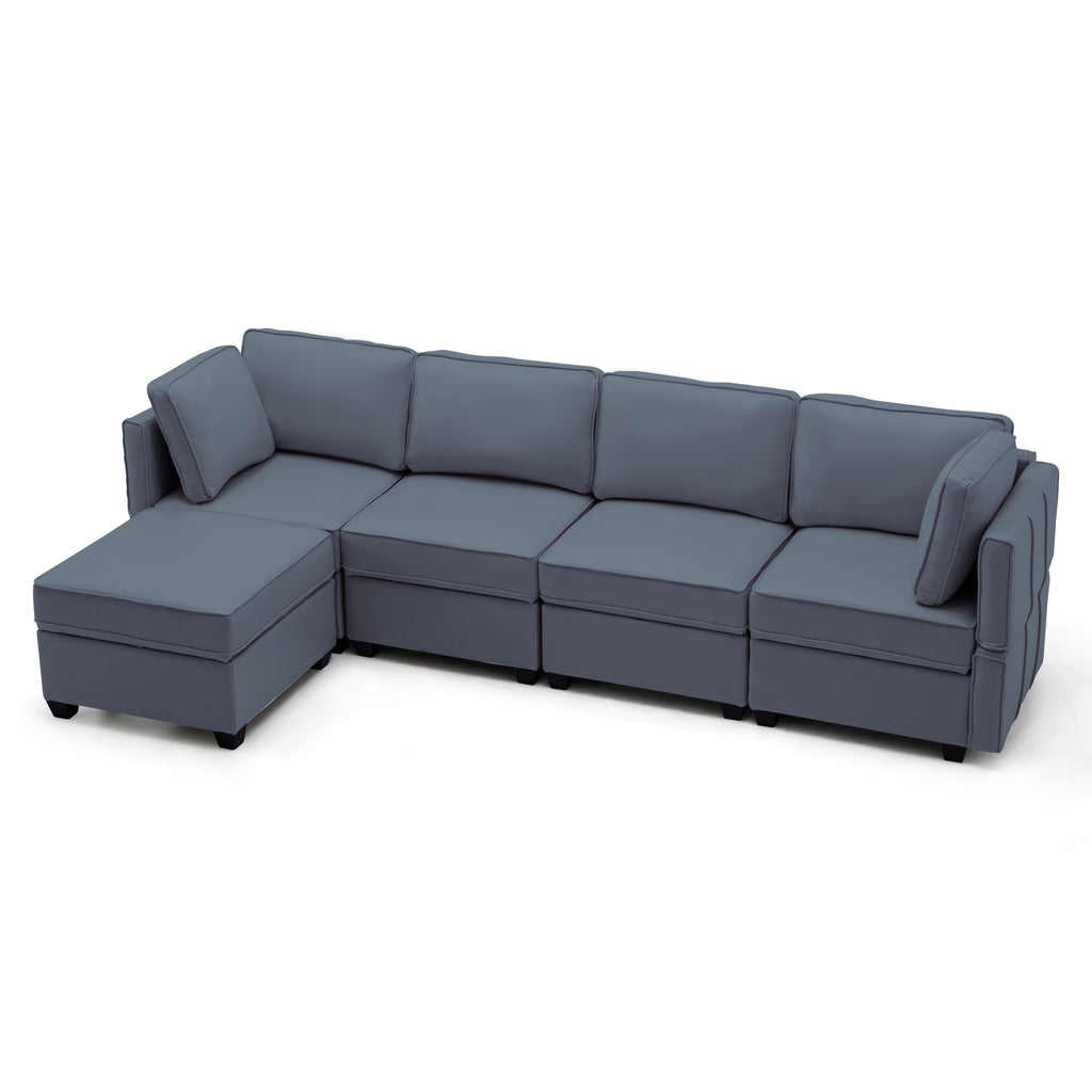 5-Seater modular sectional sofa set with storage and adjustable backrest, blue gray