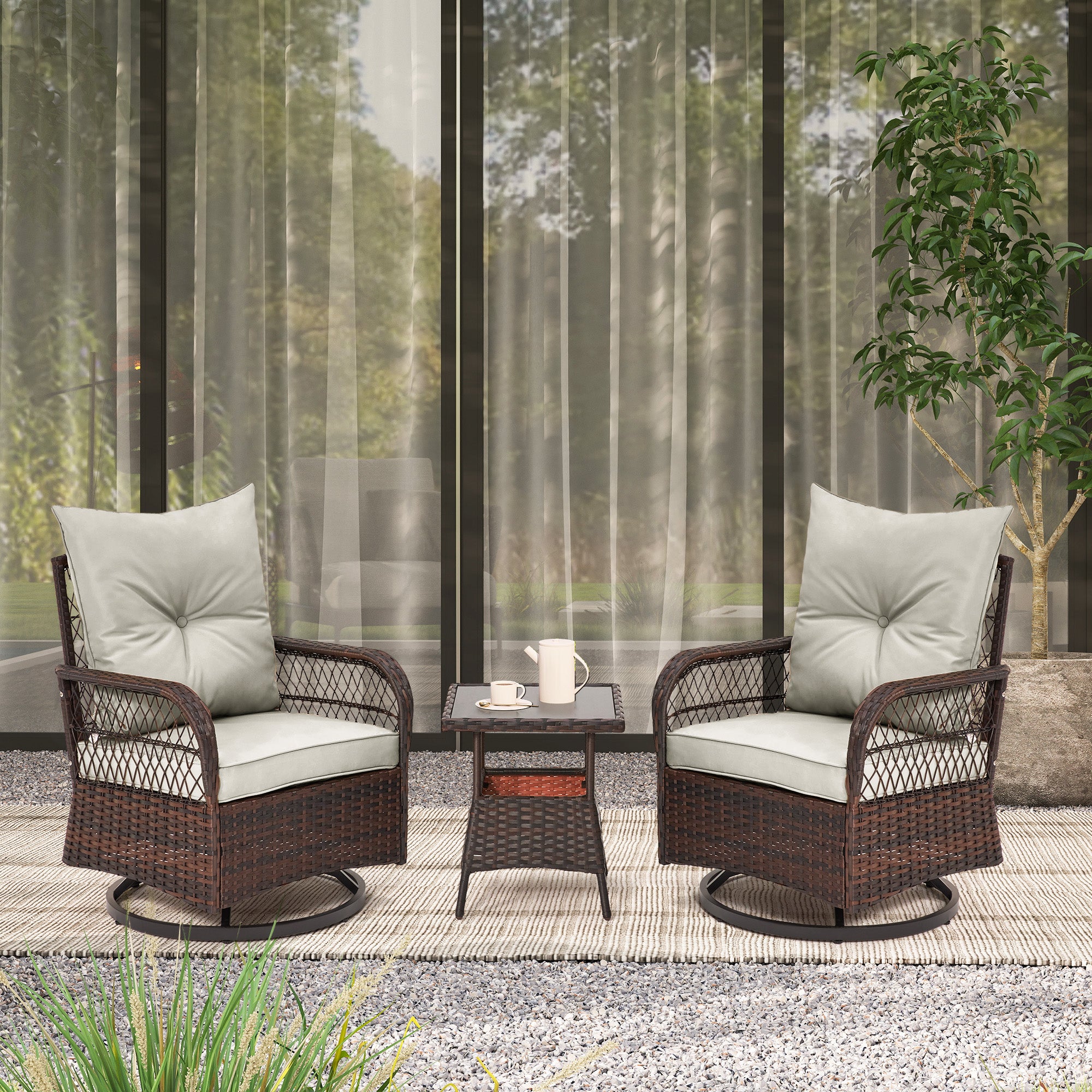 HOMREST 3-Piece Patio Swivel Rocker Set with Rattan Coffee Table for Lawn, Garden, Porch