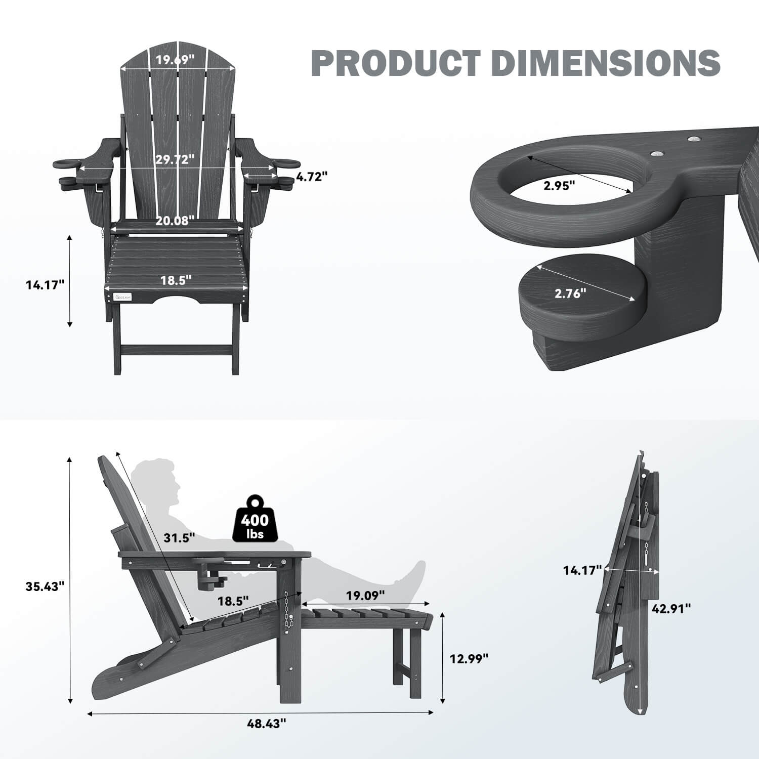 HOMREST 3-Level  Adjustable Adirondack Chair with Retractable Ottoman, Folding HDPE Outdoor Chair with Cup Holders, Gray