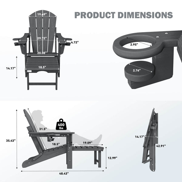 HOMREST 3-Level  Adjustable Adirondack Chair with Retractable Ottoman, Folding HDPE Outdoor Chair with Cup Holders, Gray