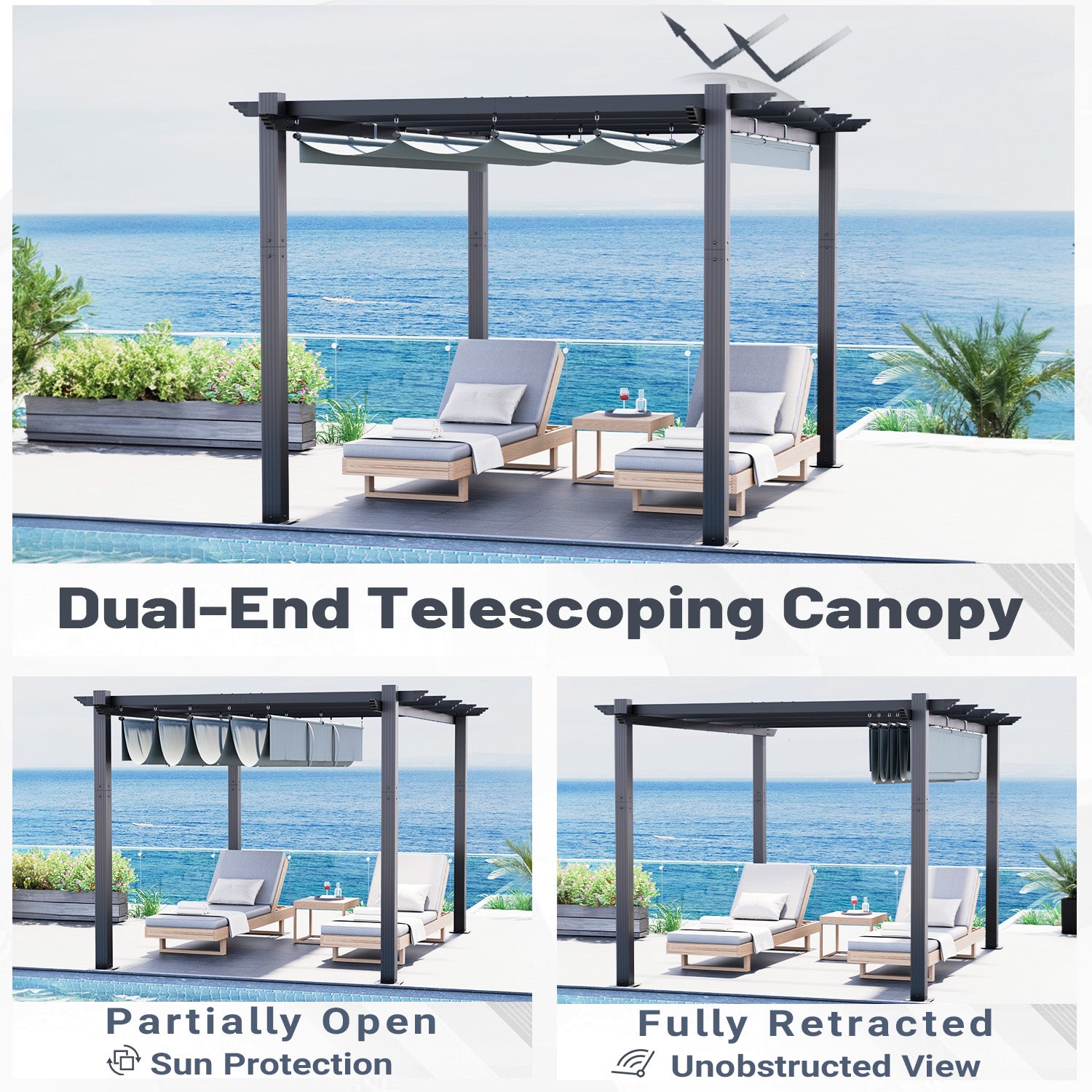 HOMREST Retractable Pergola 10x13 Ft, Outdoor Aluminum Shelter with Dual Adjustable Sun Shade Canopy for Patio Backyard, Locking System Includes Straps & Screws (Gray)