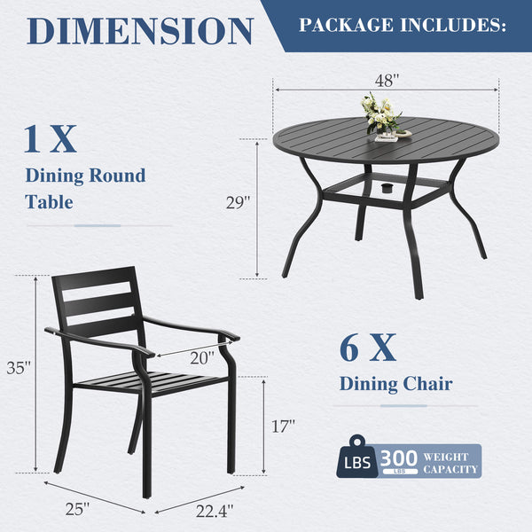 HOMREST 7-Piece Outdoor Patio Dining Set for 6, Round Metal Table with Umbrella Hole & Stackable Chairs