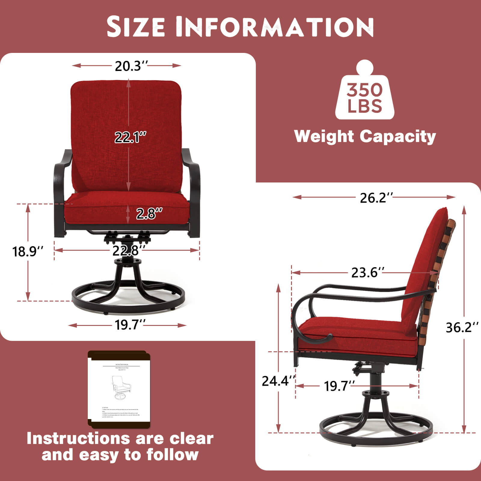 HOMREST Swivel Patio Chairs Set of 2 with Thickened Cushions, Red