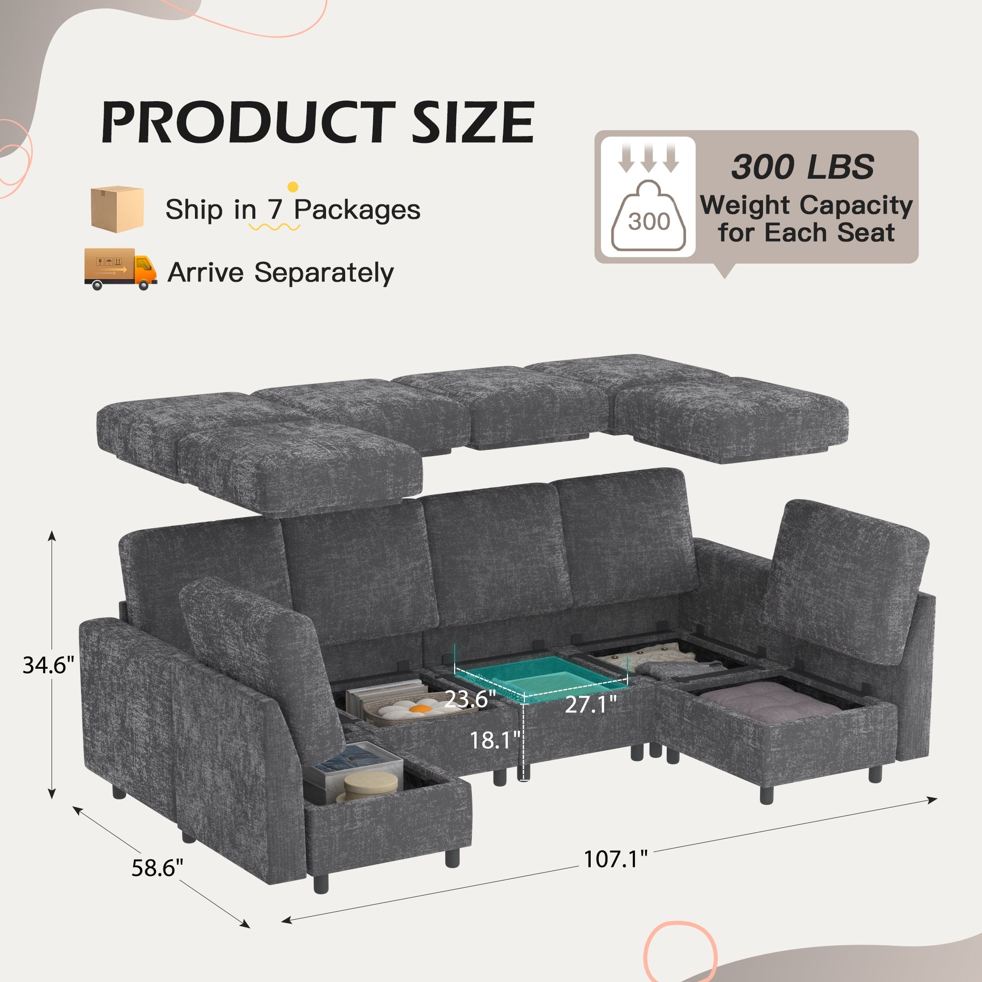Homrest 6 Piece Modular Sectional Couch with Storage for Living Room, Dark Gray