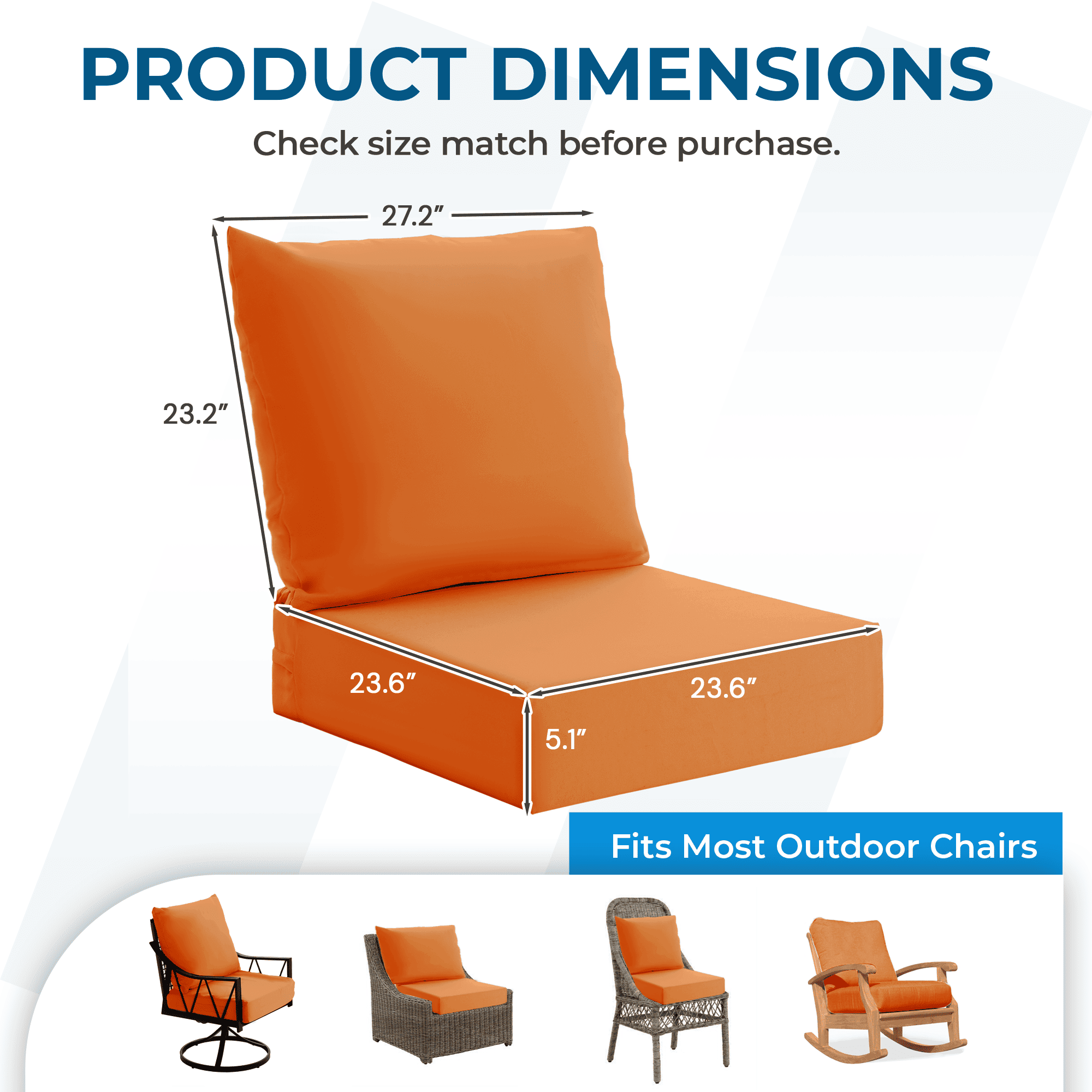 HOMREST Patio Furniture Cushions with Handle and Ties, Waterproof, Fade-resistant Outdoor Couch Cushion, Chair Pads for Dining Chairs, Orange