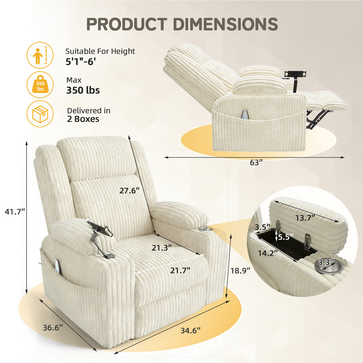 HOMREST Power Oversized Swivel Rocker Recliner with Massage and Heat, Nursery Rocking Chairs for Living Room, Beige