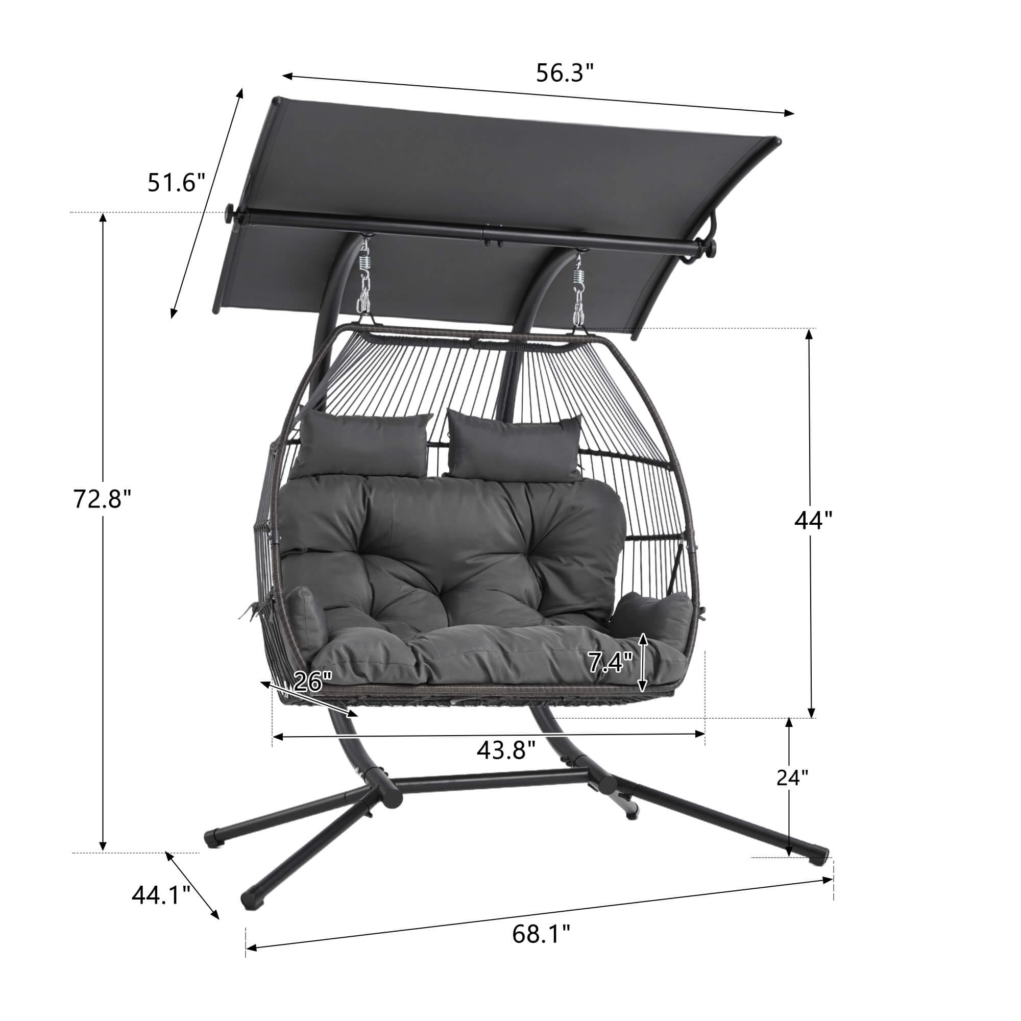 HOMREST Double Hanging Egg Chair with Stand, Wicker Loveseat Swing, Gray