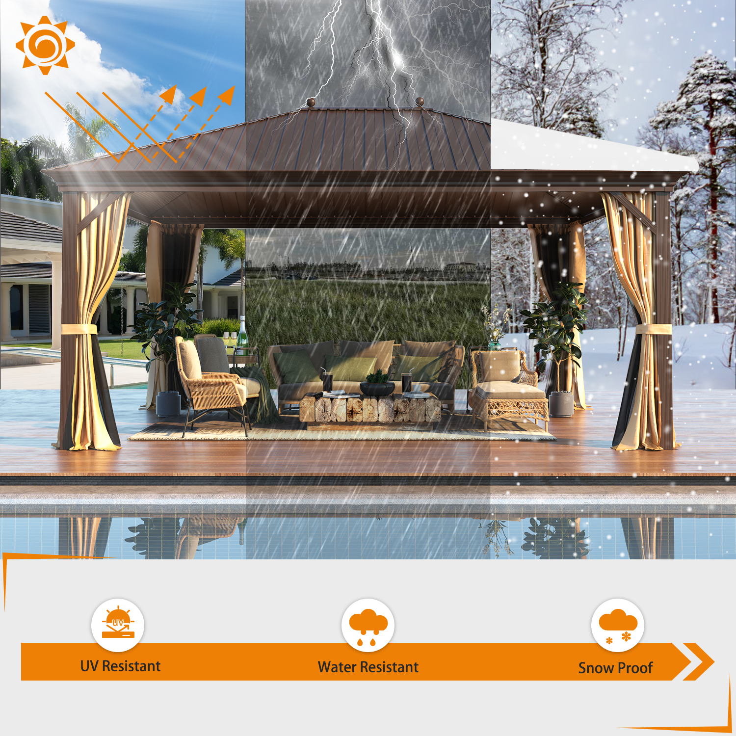 Homrest 12' x 16' Hardtop Gazebo, Galvanized Steel Metal Single Roof Aluminum Gazebo with Curtain and Netting, Brown Permanent Pavilion