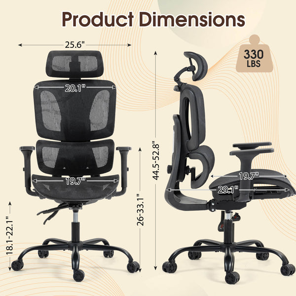 Homrest Ergonomic Mesh Office Chair with Adjustable Lumbar & Headrest â Black