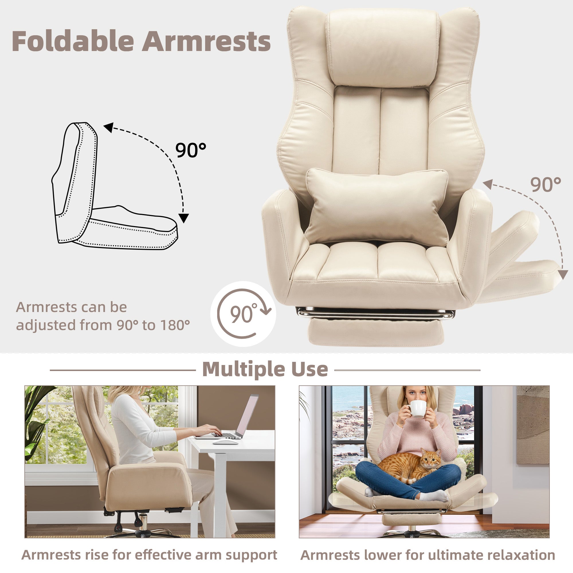 HOMREST Ergonomic Home Office Chair with Flip-Up Armrests, 135° Reclining Computer Desk Chair, Nappa PU Leather, Beige