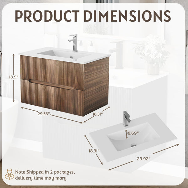 HOMREST 30 Inch Bathroom Vanity with Sink, Floating Bathroom Vanity with Ceramic Basin, Wall Mounted Bathroom Sink Cabinet Set with Soft-Close 2 Drawers, Faucet & Pop Up Drain, Walnut