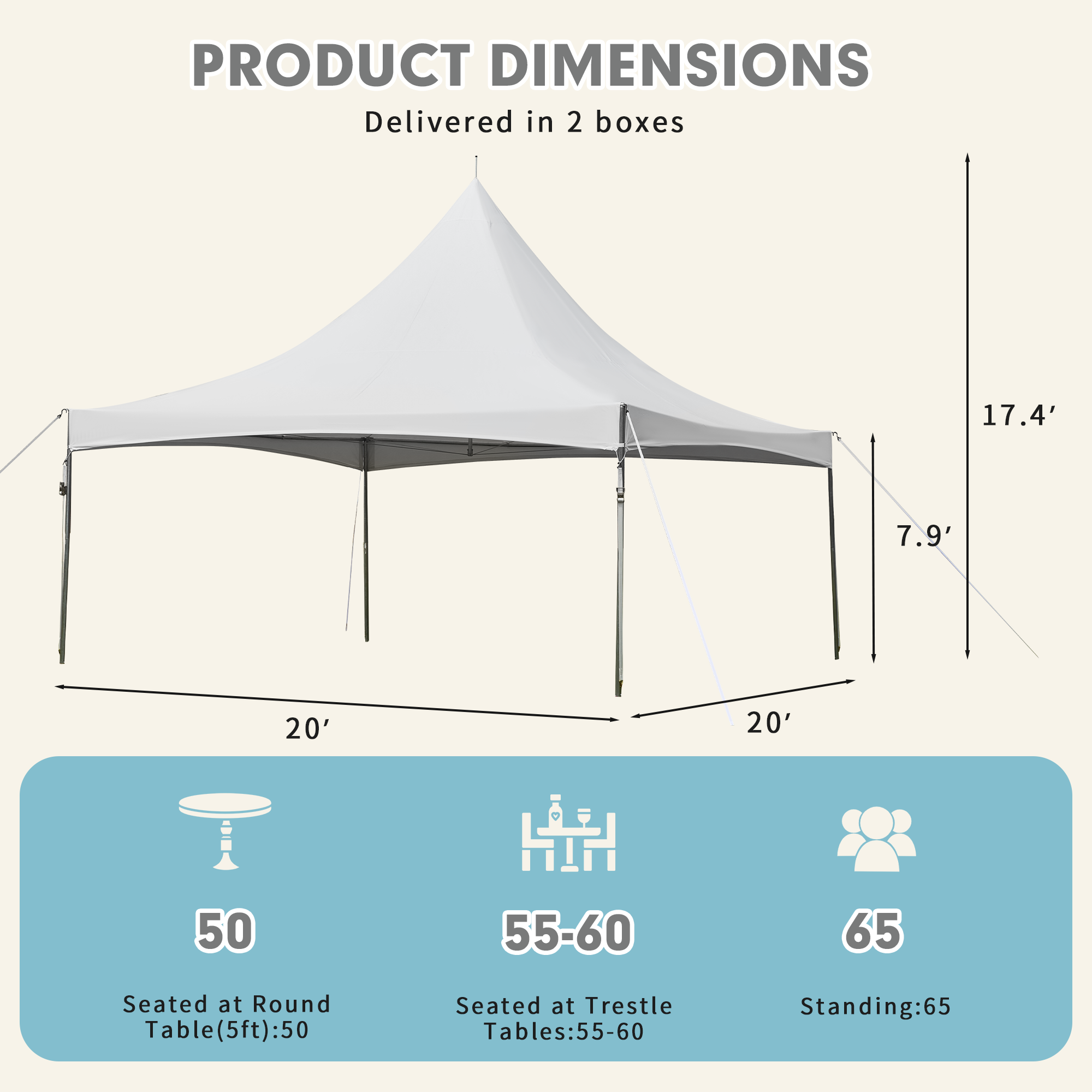 HOMREST 20x20ft Party Tent Outdoor Wedding Tent Heavy Duty Peaked Frame Canopy With Fire Retardant PVC Top 80 Person Capacity Gazebo Shelter Tent For Event Commercials White