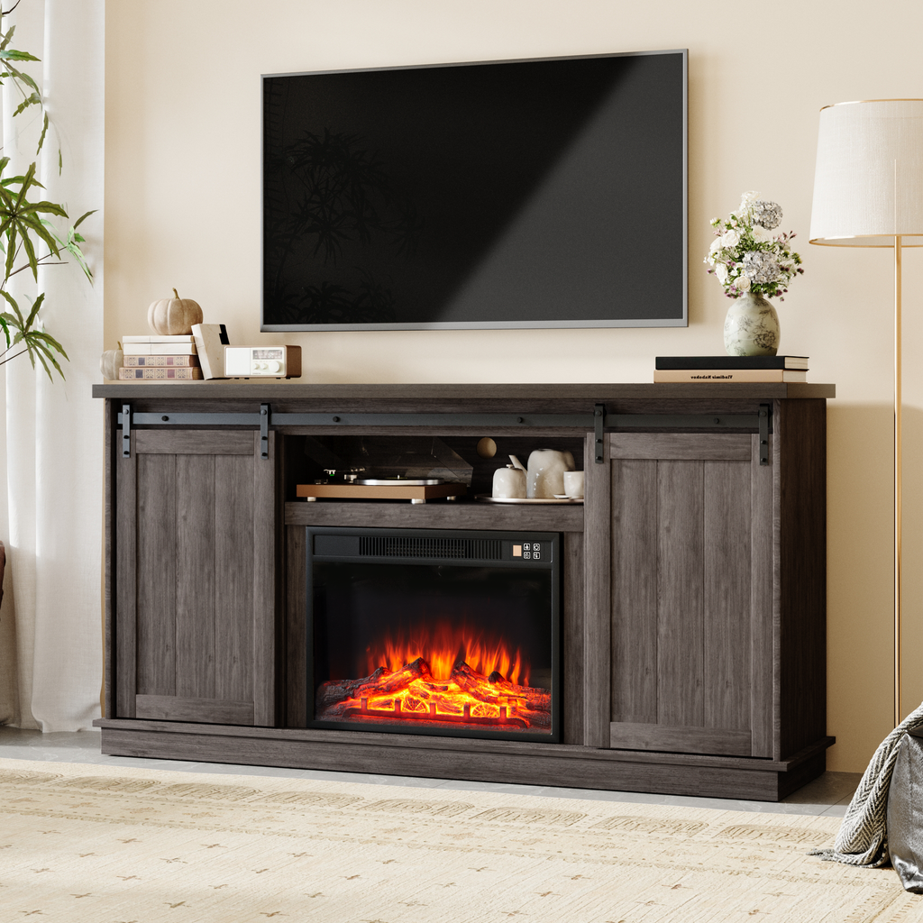 HOMREST 63 Inch Fireplace TV Stand with Electric Fireplace, Sliding Barn Doors, LED Flame Effect, Teak