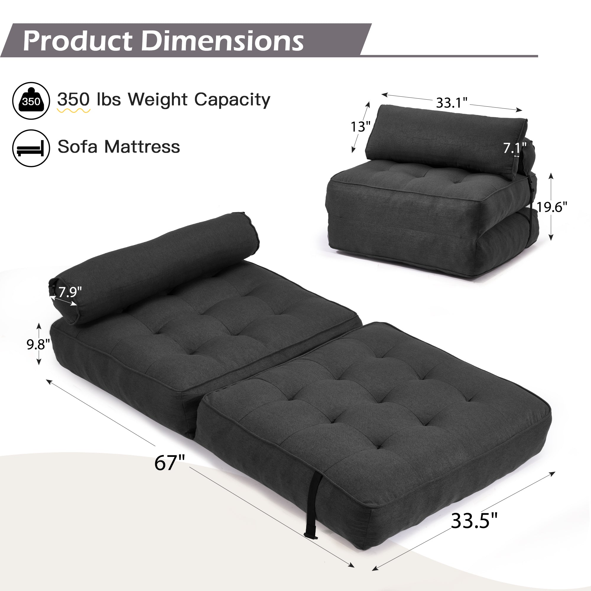 HOMREST 3-Piece Modular Sectional Sofa, Convertible Lounge Set – Foldable Couch Bed, Black