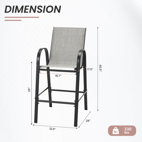 HOMREST Outdoor Bar Height Stools Set of 4, High Back Patio Chairs with Armrests,Textilene Chairs with Breathable Fabric & Metal Frame, Light Grey