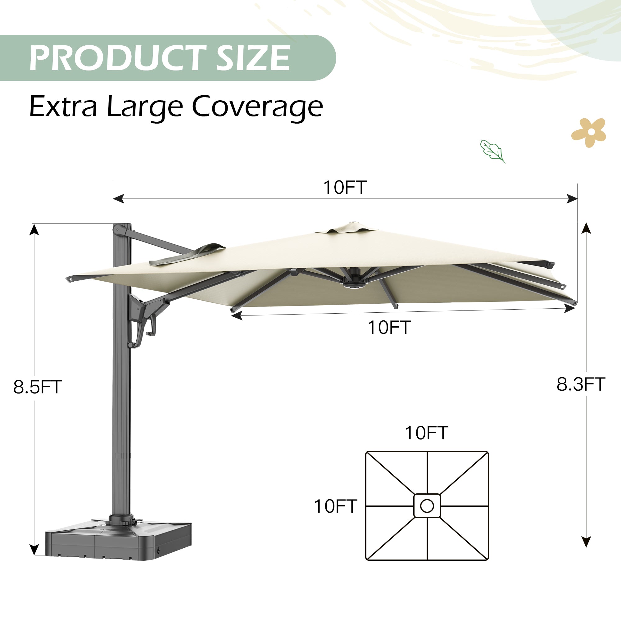 HOMREST 10x10ft Large Rectangular Cantilever Umbrella with 360° Rotation & 6 Adjustable Heights, Yellow (Base Excluded)