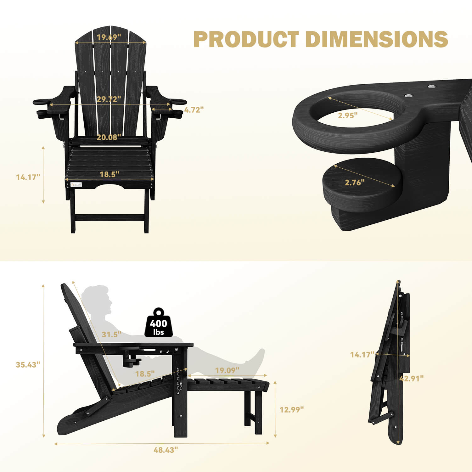 HOMREST 3-Level  Adjustable Adirondack Chair with Retractable Ottoman, Folding HDPE Outdoor Chair with Cup Holders, Black