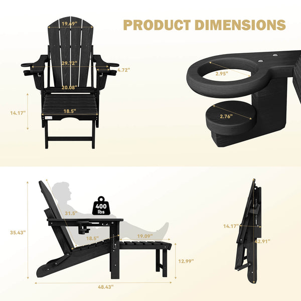 HOMREST 3-Level  Adjustable Adirondack Chair with Retractable Ottoman, Folding HDPE Outdoor Chair with Cup Holders, Black