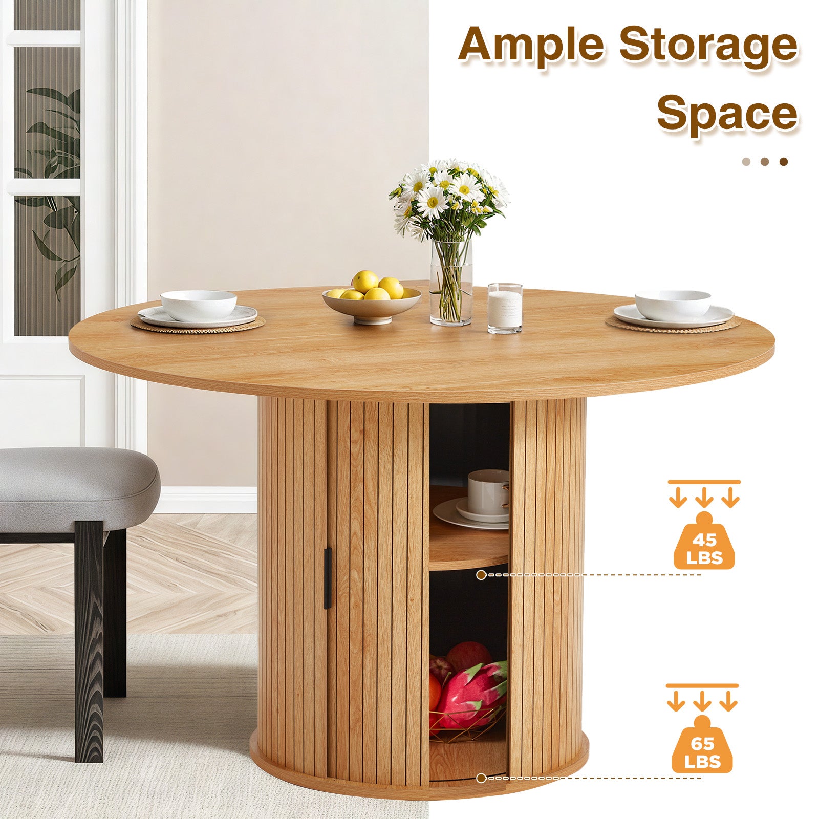 Homrest 47-inch Round Dining Table for 4-6, Farmhouse Circle Kitchen Table with 2-Layer Storage Shelf and Wood Slide Door, Modern Fluted Design Wooden Dining Desk for Dining Room, Natural