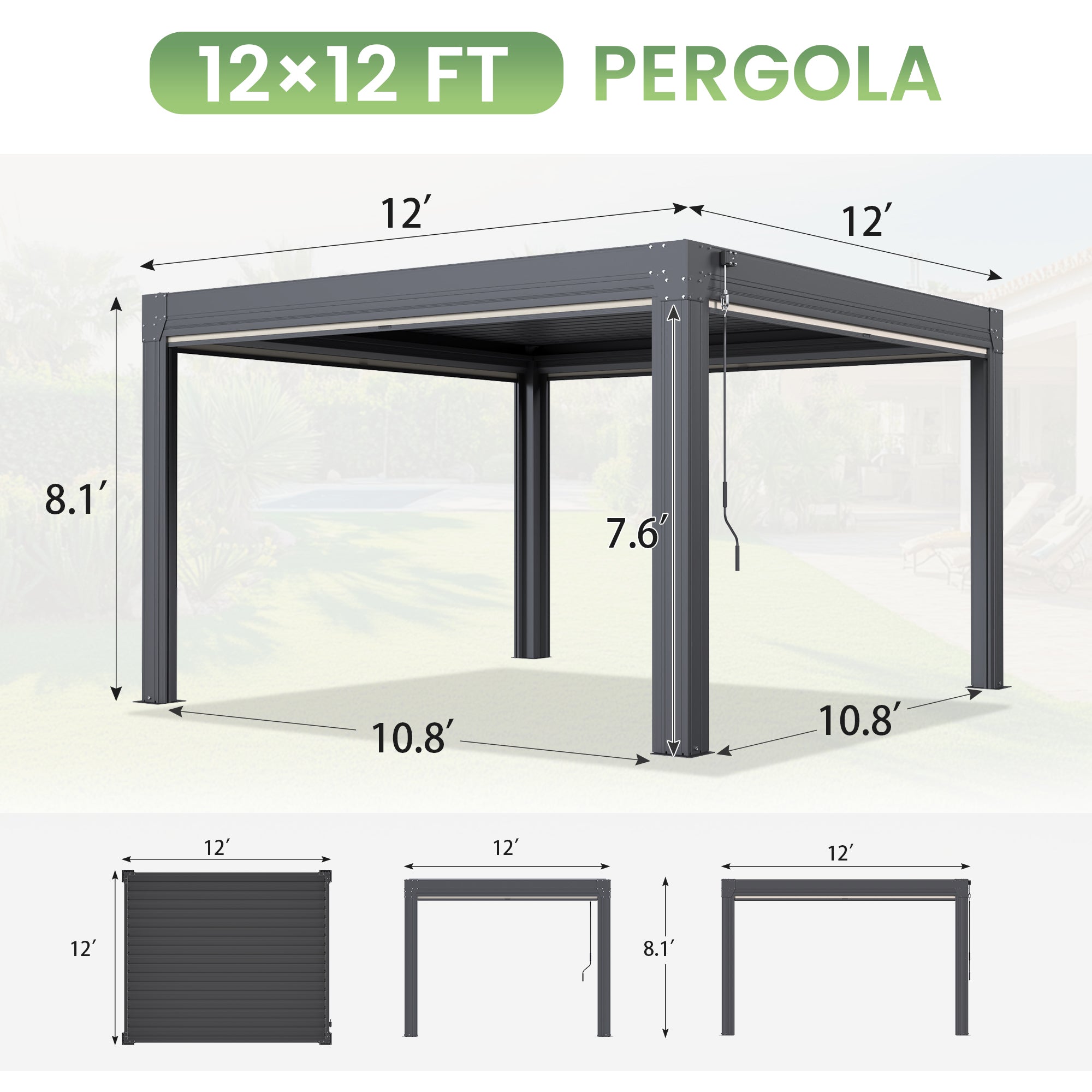 HOMREST 12' x 12' Louvered Pergola with Pull-Down Screens, Aluminum Outdoor Pergola with Retractable Roof for Patios, Decks & Backyards, Black
