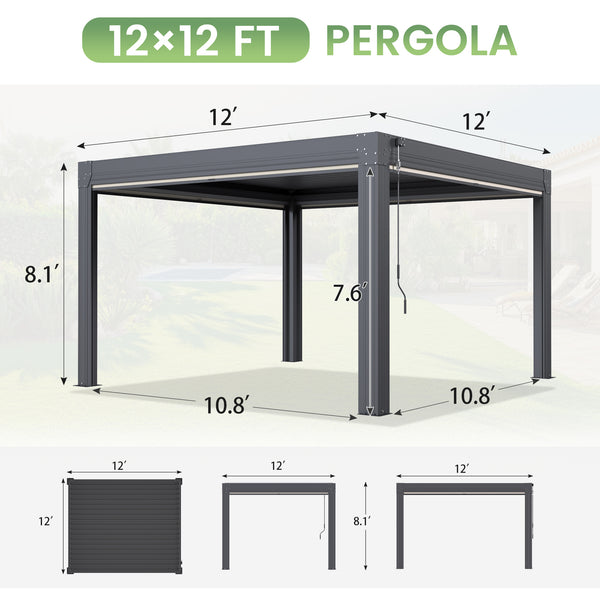 HOMREST 12' x 12' Louvered Pergola with Pull-Down Screens, Aluminum Outdoor Pergola with Retractable Roof for Patios, Decks & Backyards, Black