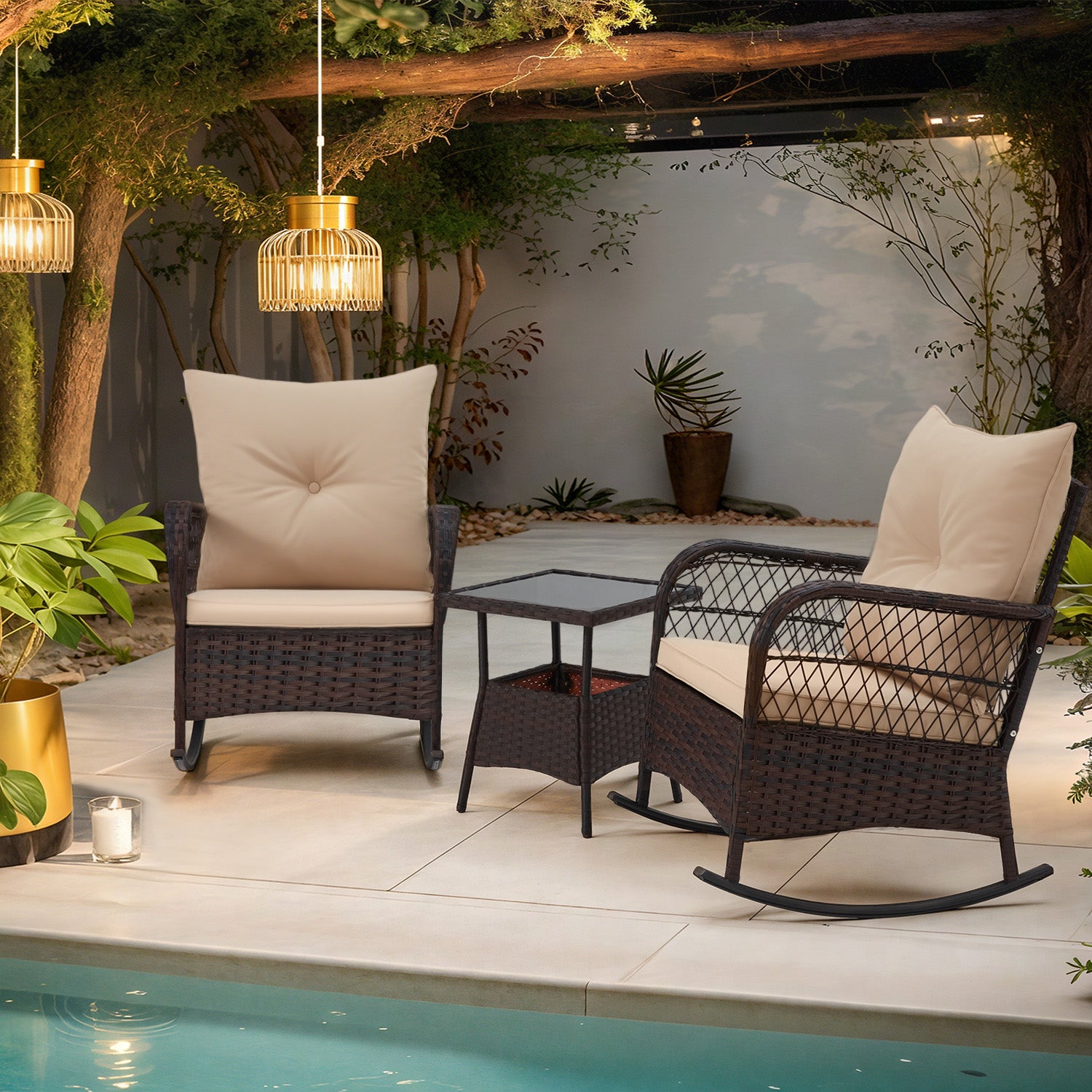 HOMREST 3 pcs Rocking Bistro Set, Outdoor PE Rattan Rocking Chairs with Tempered Glass Coffee Table