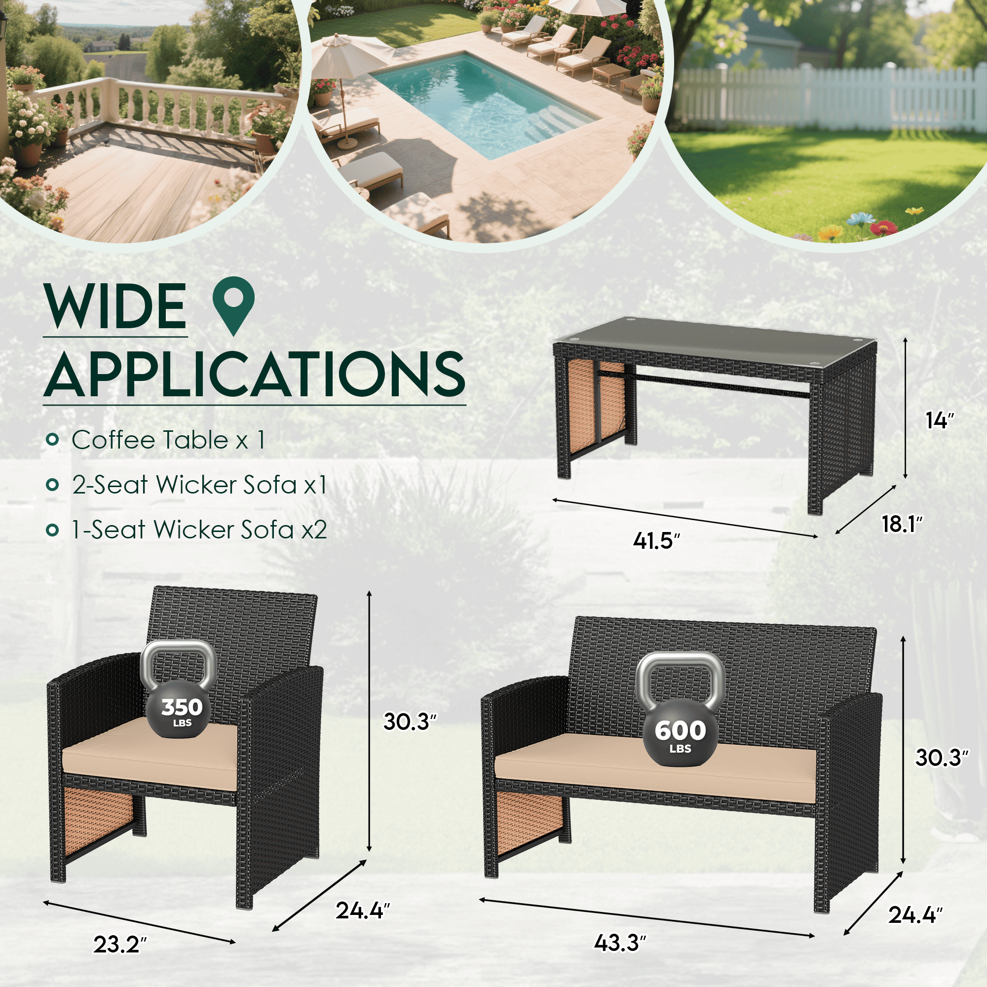 HOMREST 4-Piece Patio Furniture Set, Outdoor Wicker Patio Conversation Set with Cushions, Sofa & Glass Coffee Table, Khaki