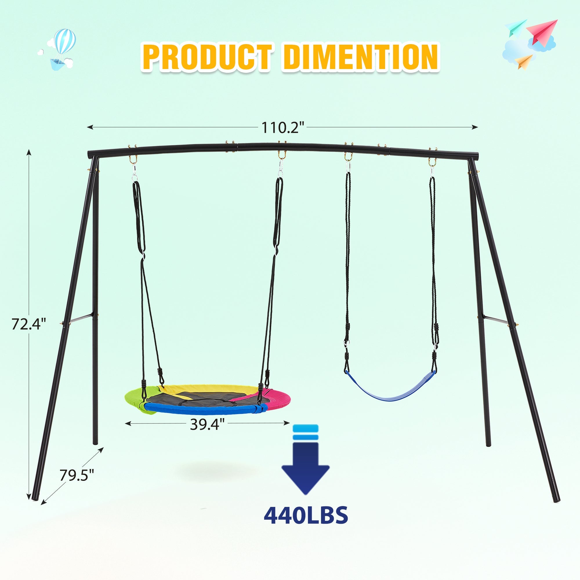 Homrest Heavy-Duty A-Frame Metal Swing Set, 440lbs Capacity, Includes Saucer & Belt Swings, Outdoor Playground for Kids