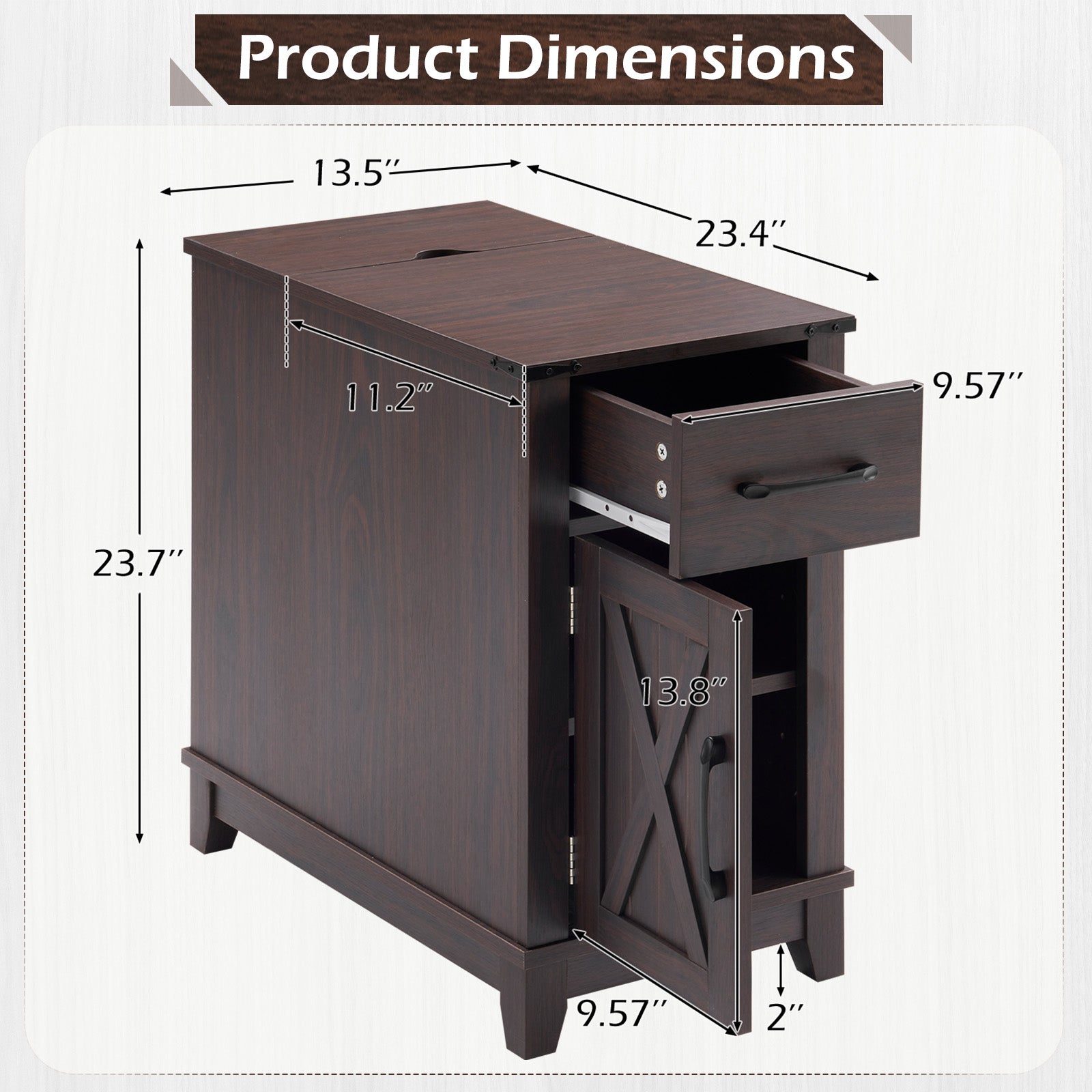 HOMREST Farmhouse End Table with Charging Station, Narrow Side Table for Living Room, Nightstand with Drawer and Storage Cabinet, Choco