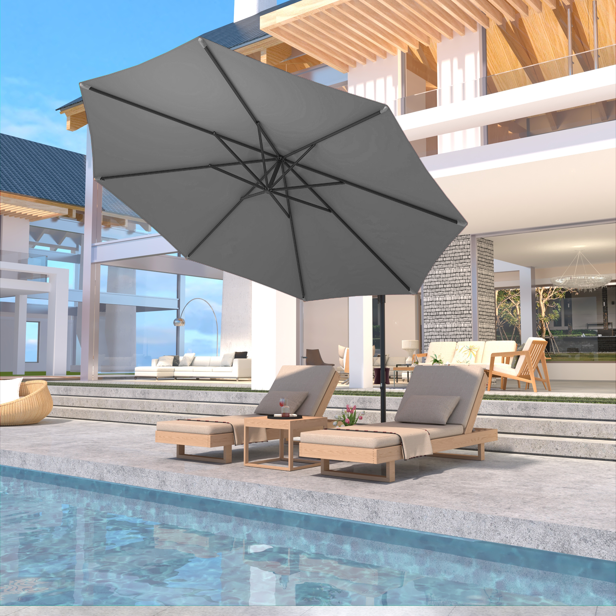 Homrest 10ft Offset Patio Umbrella - Outdoor Hanging Umbrella with Easy Tilt, 99.9% UV Protection, and Sturdy Iron Frame for Garden, Pool, Backyard, Gray