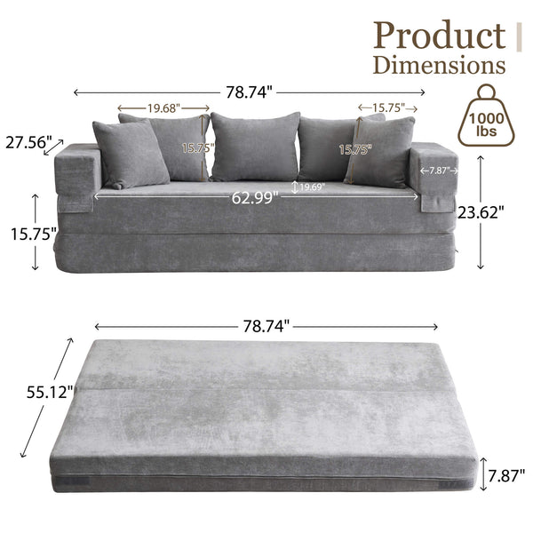 HOMREST 4-in-1 Folding Sofa Bed Queen, Chenille Sleeper Couch with Armrest & Pillows, Gray