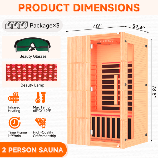 HOMREST 2-Person Indoor Infrared Sauna for Home, Far Infrared Sauna with Red Light Therapy, Chromotherapy Lighting, 6 Carbon Heaters & Bluetooth Speaker, Natural Wood