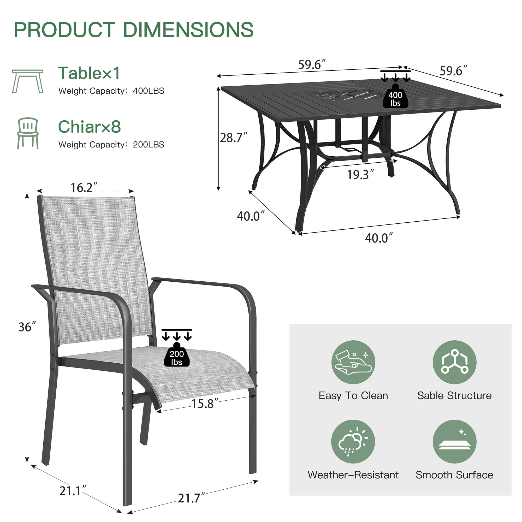 HOMREST 9 Piece Patio Dining Set, Outdoor Dining Table And Chairs Set For 8, 8 PVC-coated polyester Chairs, 1 Iron Square Table With Adjustable Umbrella Hole (1.57"-1.97"), Gray