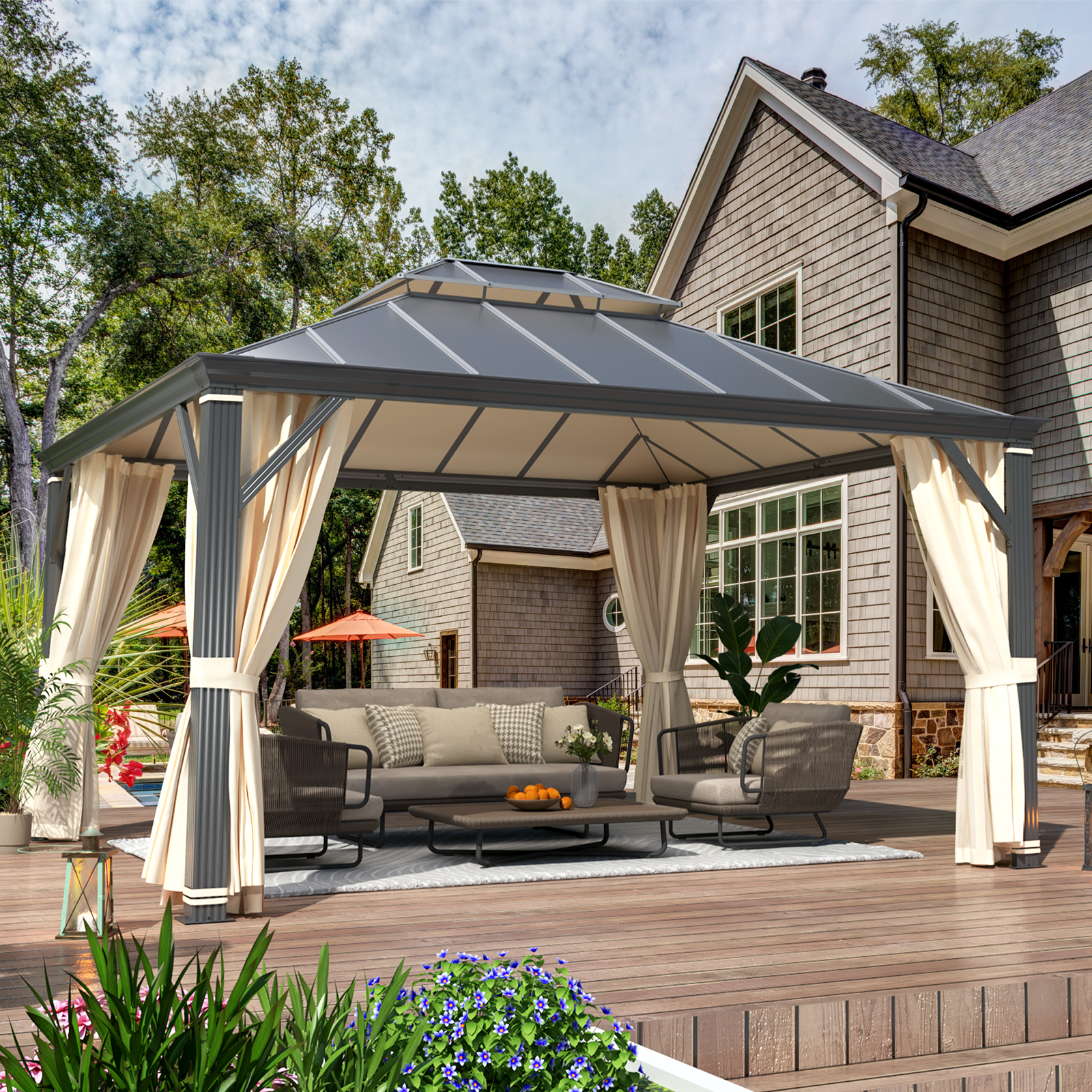 Homrest 12' x 14' Hardtop Permanent Outdoor Aluminum Patio Gazebo with Double Roof for Patio and Garden, Curtains and Netting