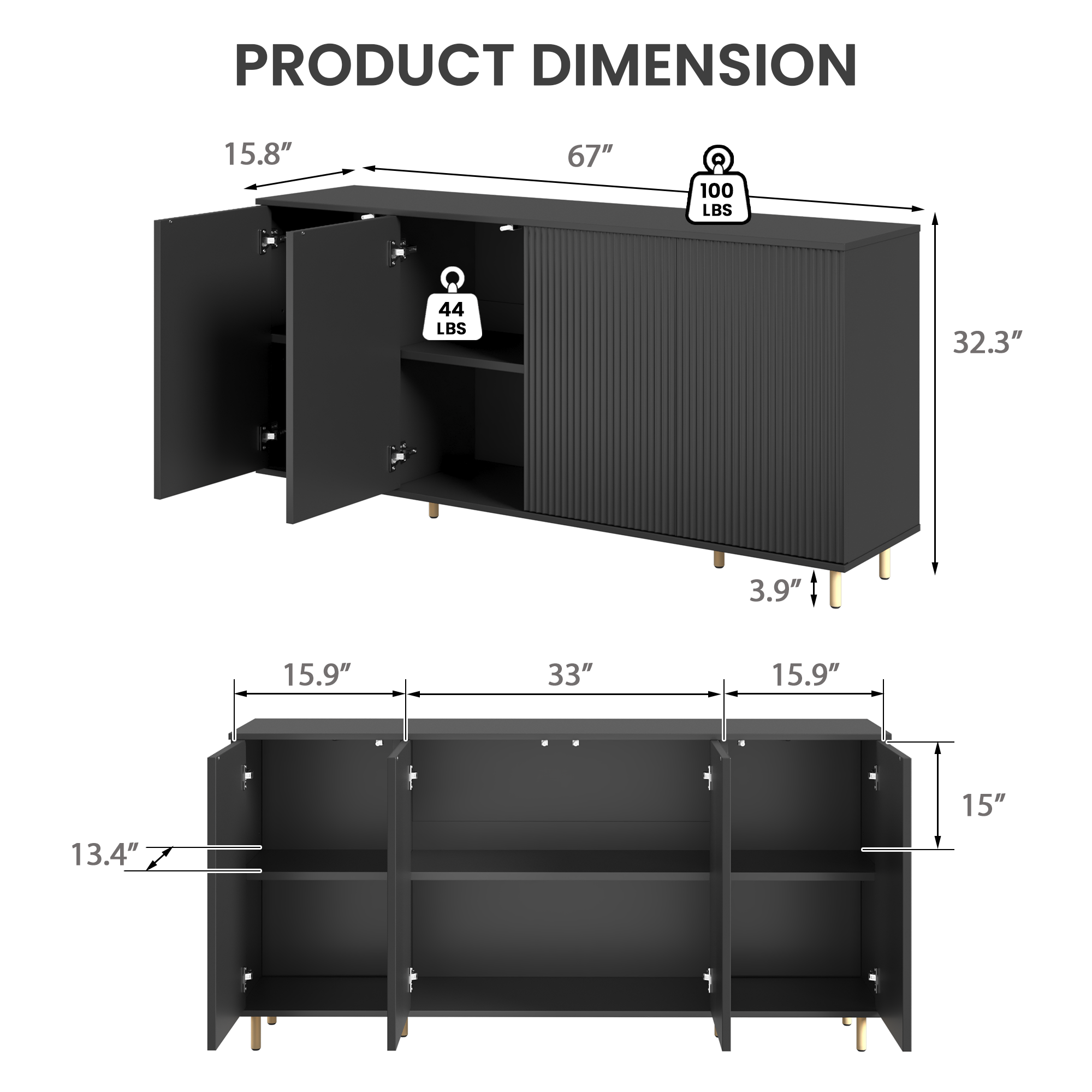 HOMREST 67" 4-Door Sideboard Cabinet Buffet With Adjustable Shelves, Black