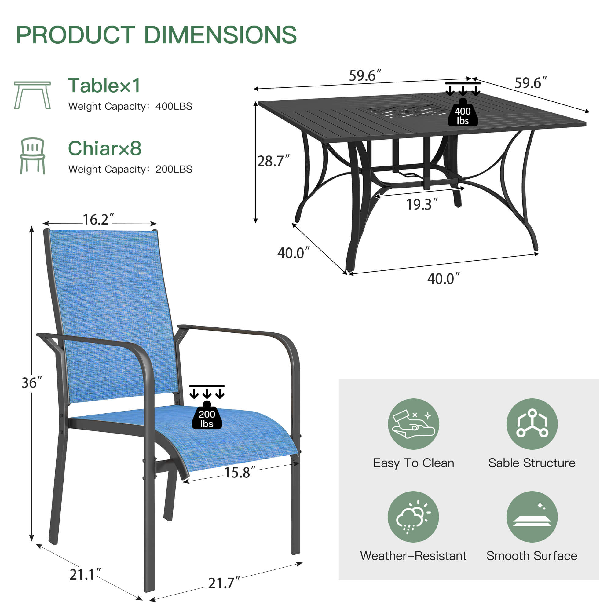HOMREST 9 Piece Patio Dining Set, Outdoor Dining Table And Chairs Set For 8, 8 PVC-coated polyester Chairs, 1 Iron Square Table With Adjustable Umbrella Hole (1.57"-1.97"), Blue