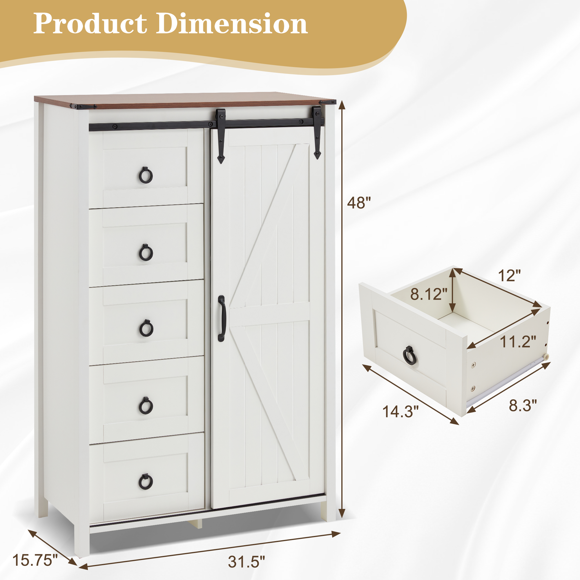 HOMREST Farmhouse 48" Tall Chest of Drawers, Wooden Closet Dresser with Sliding Barn Door, Storage Organizer Dresser for Living Room, Hallway, White
