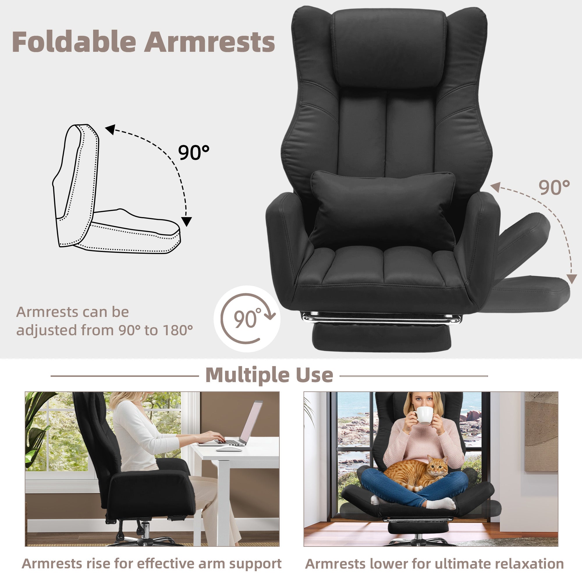 HOMREST Ergonomic Home Office Chair with Flip-Up Armrests, 135° Reclining Computer Desk Chair, Nappa PU Leather, Black