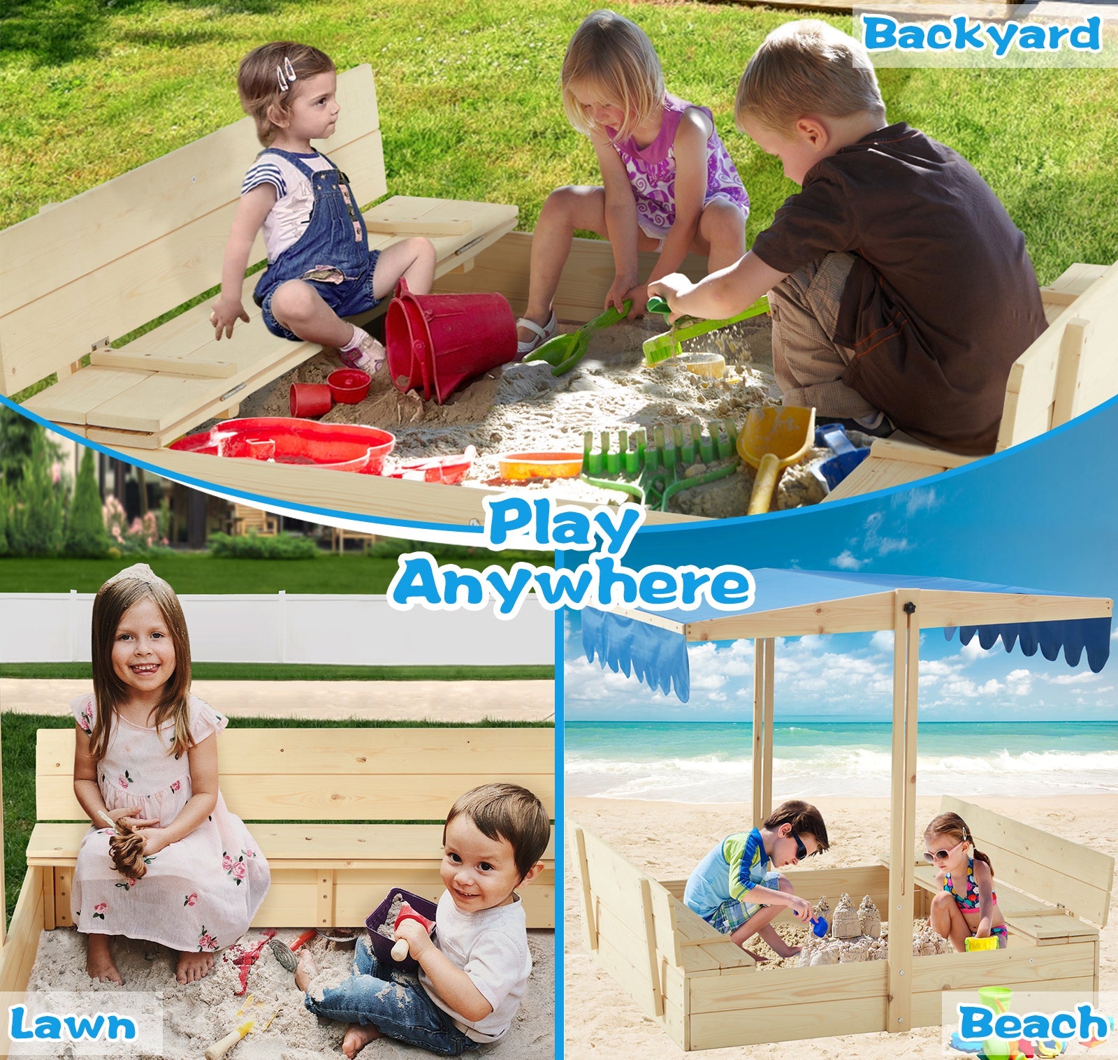 Homrest Kids Wooden Outdoor Sandbox with UV50 Sun/Sand Protection Liner Function Canopy, 2 Foldable Bench Seats, Height Adjustable Roof
