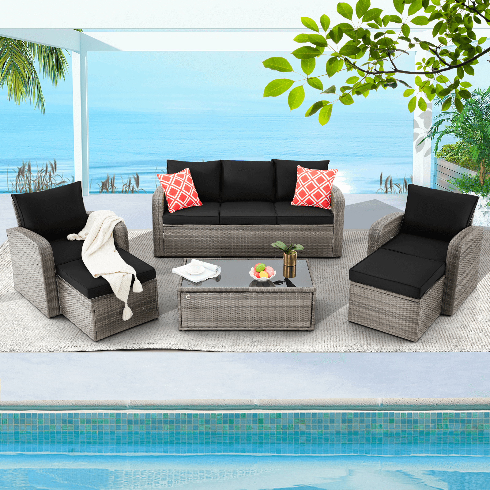 Homrest 6 Pcs Patio Furniture Sets with Coffee Table, Ottomans, Cushions & Pillows, Black
