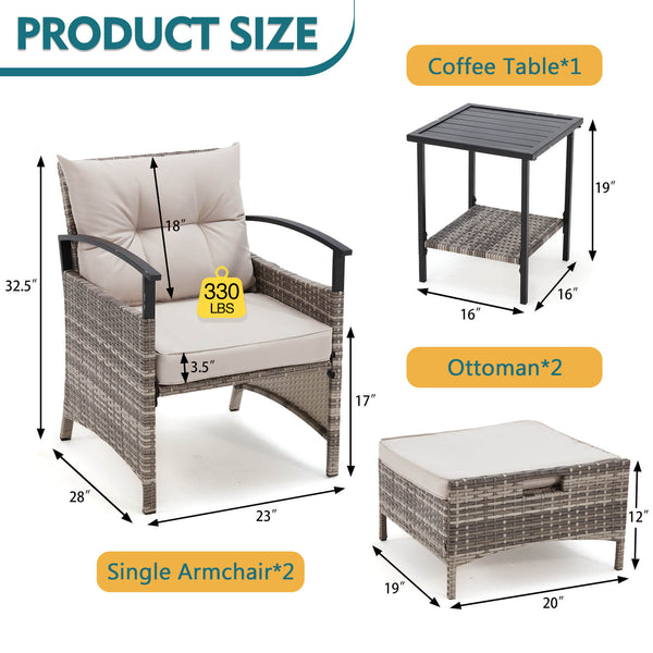 HOMREST 5 Pieces Patio Furniture Set, Outdoor Rattan Chairs with Metal Coffee Table, Ottomans & Soft Cushions, Wicker Conversation Bistro Set, Gray