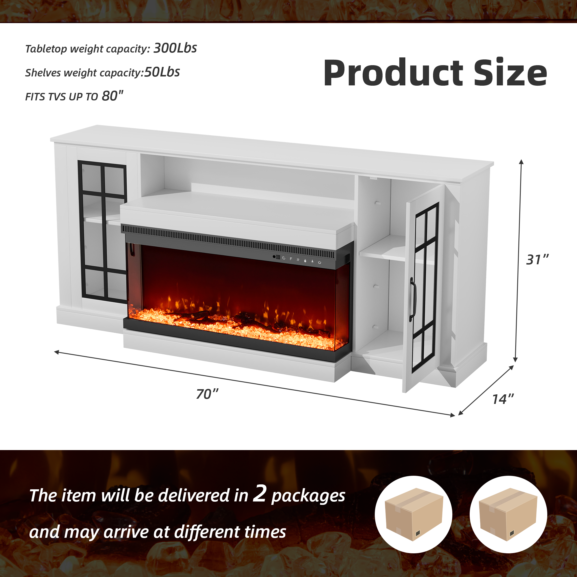 HOMREST 70" 3 Sided Glass Fireplace TV Stand, Modern Media Console with 12 Color Flames,White