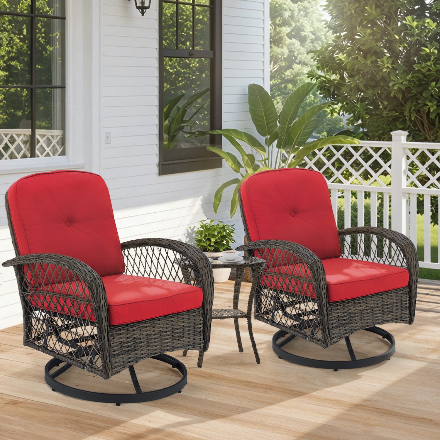 HOMREST 3-piece Patio Swivel Glider Chair Set，360° Glide & Rotate, Red