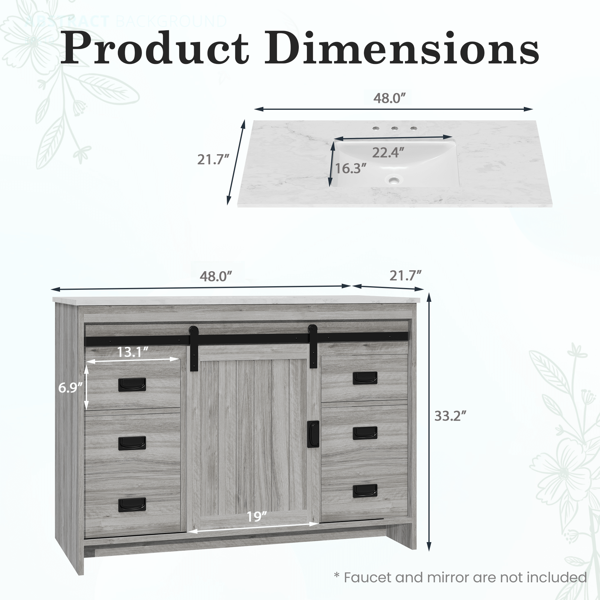HOMREST 48" Farmhouse Single Bathroom Vanity with Engineered Stone Top, Sliding Barn Door Sink Vanity, Gray