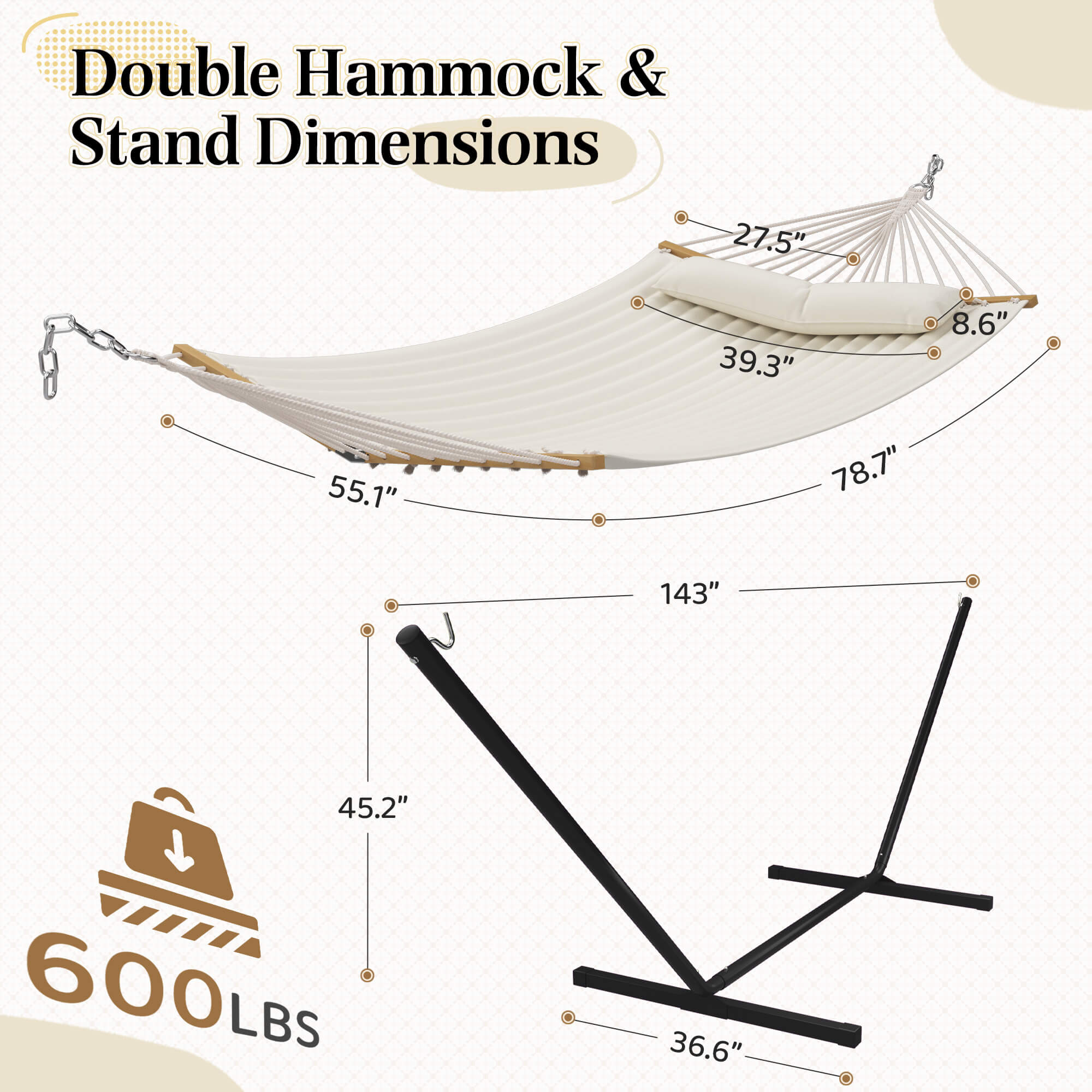 HOMREST Modern Rope Hammock with Stand, Portable Outdoor Hammock for Backyard, Beach & Camping, Off-White