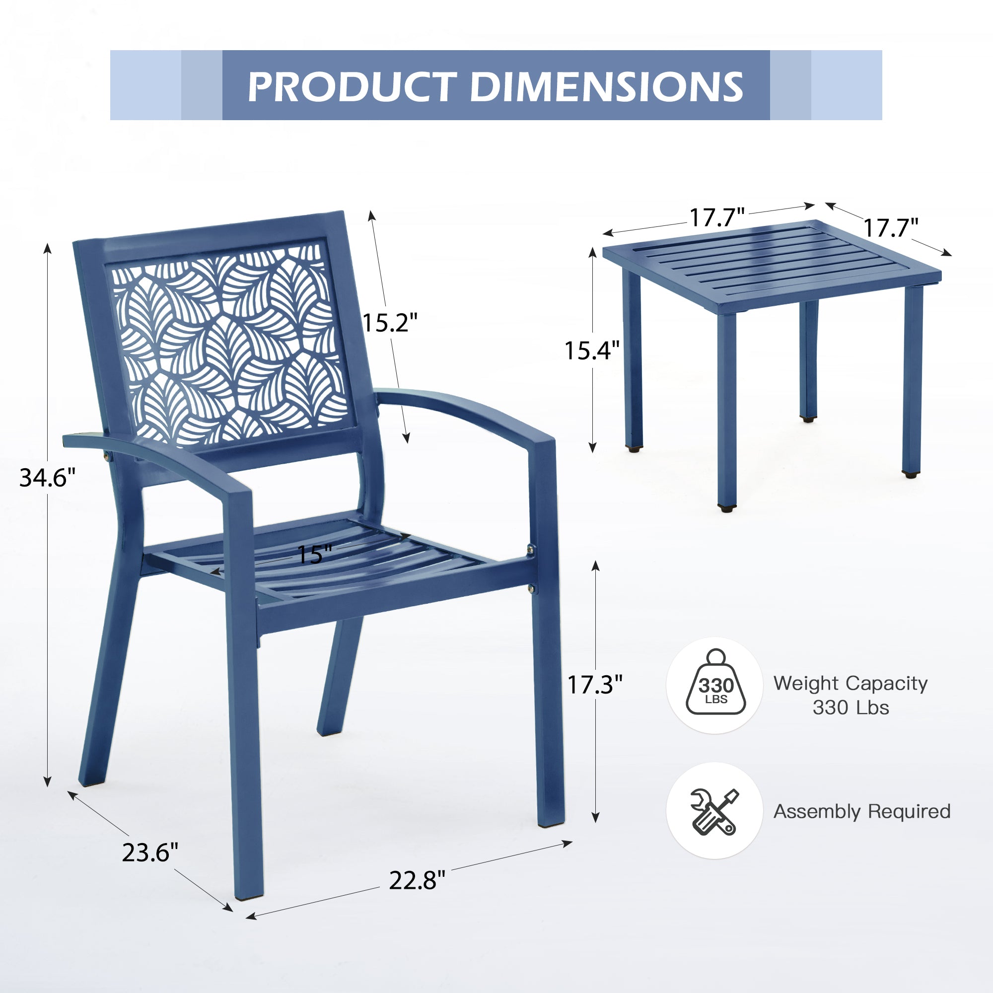 HOMREST 3-Piece Outdoor Bistro Set – Metal Chairs & Table, Floral Back Design, Peacock Blue