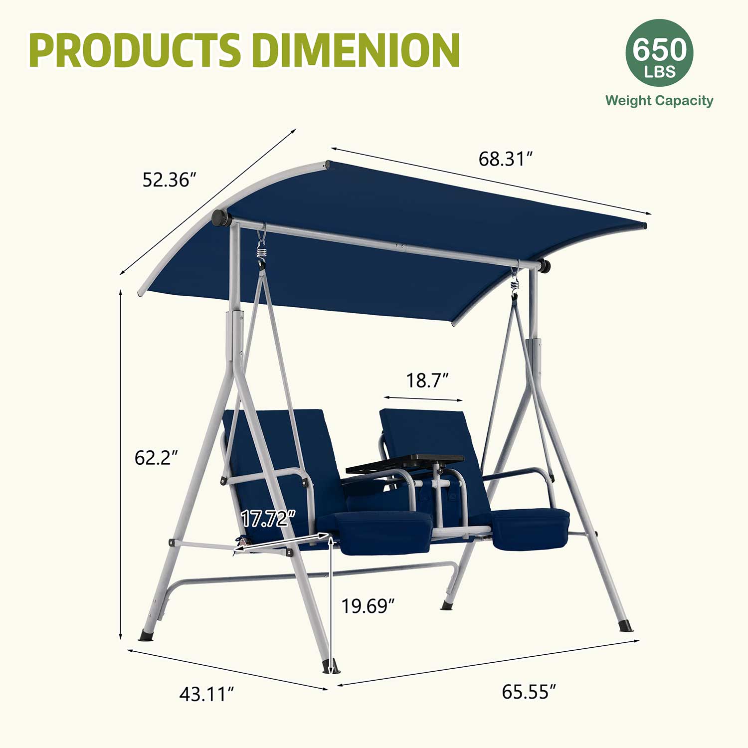 Homrest 2 Seat Outdoor Porch Swing with Adjustable Canopy, Navy Blue