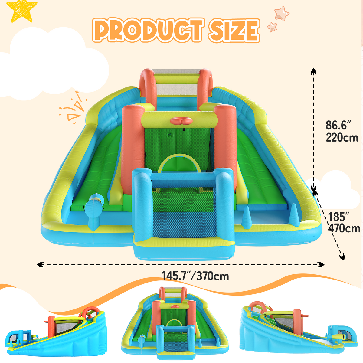 Homrest Inflatable Bounce House with Double Slide, Bouncy Castle for Kids 3-12 with Blower, Water Cannon, Football Net, Jumping, Climbing Wall, Basketball Hoop, Backyard Water Park for Kids
