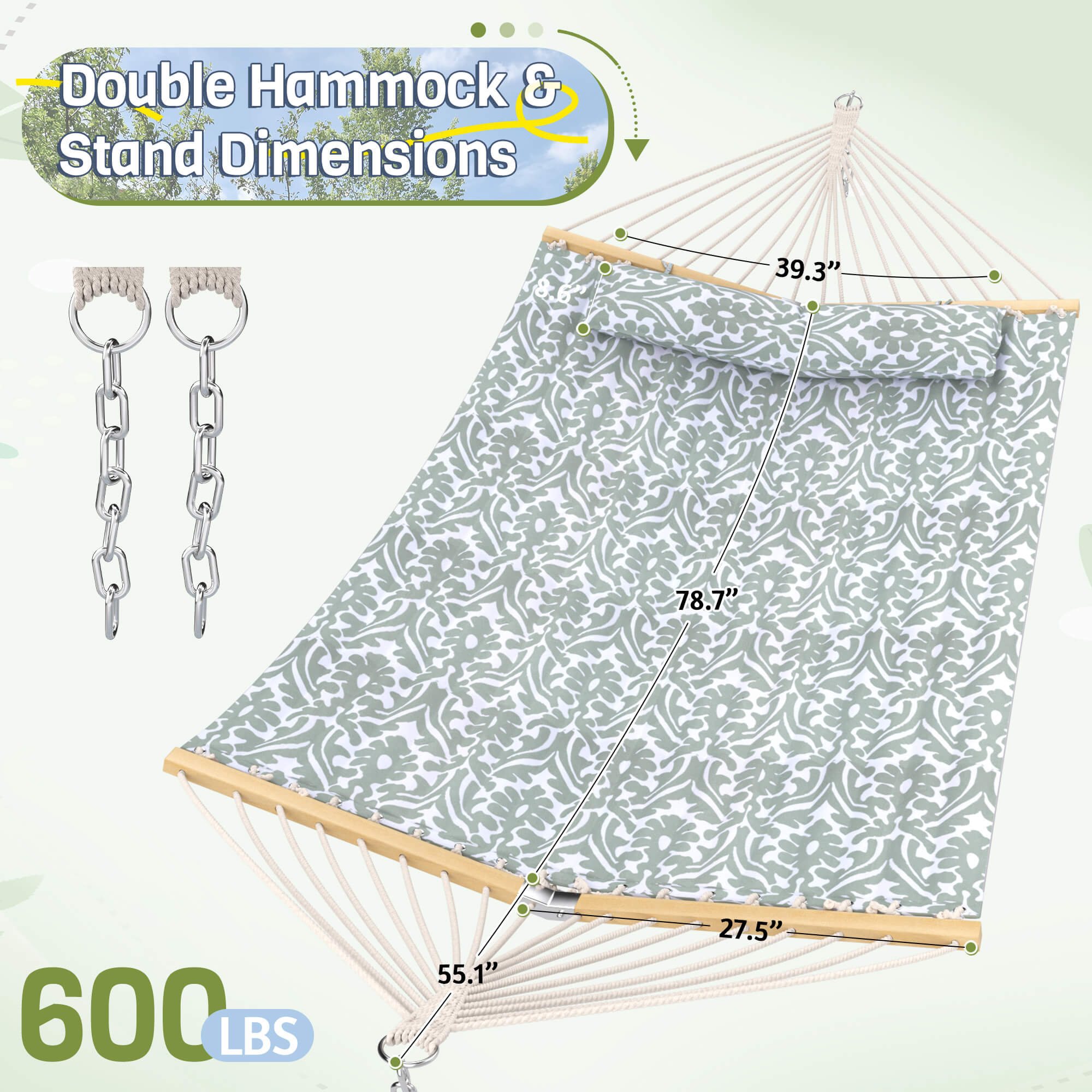 HOMREST Modern Portable Hammock, Outdoor Rope Hammock for Backyard, Beach & Camping, Gray Floral