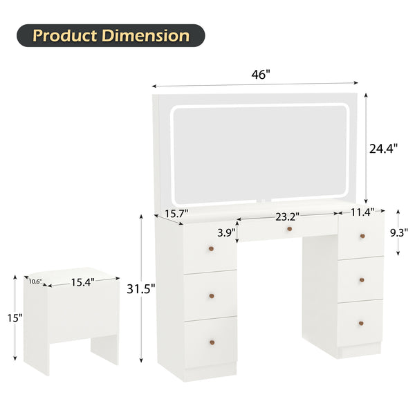 Homrest Modern Makeup Vanity Desk With Stool, USB & Power Outlet, Large Vanity Desk With Led Lighted Mirror & Charger Station , 7 Drawers Vanity Table With Cushioned Stool, White